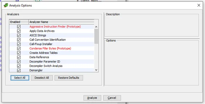Ghidra analyze dialog